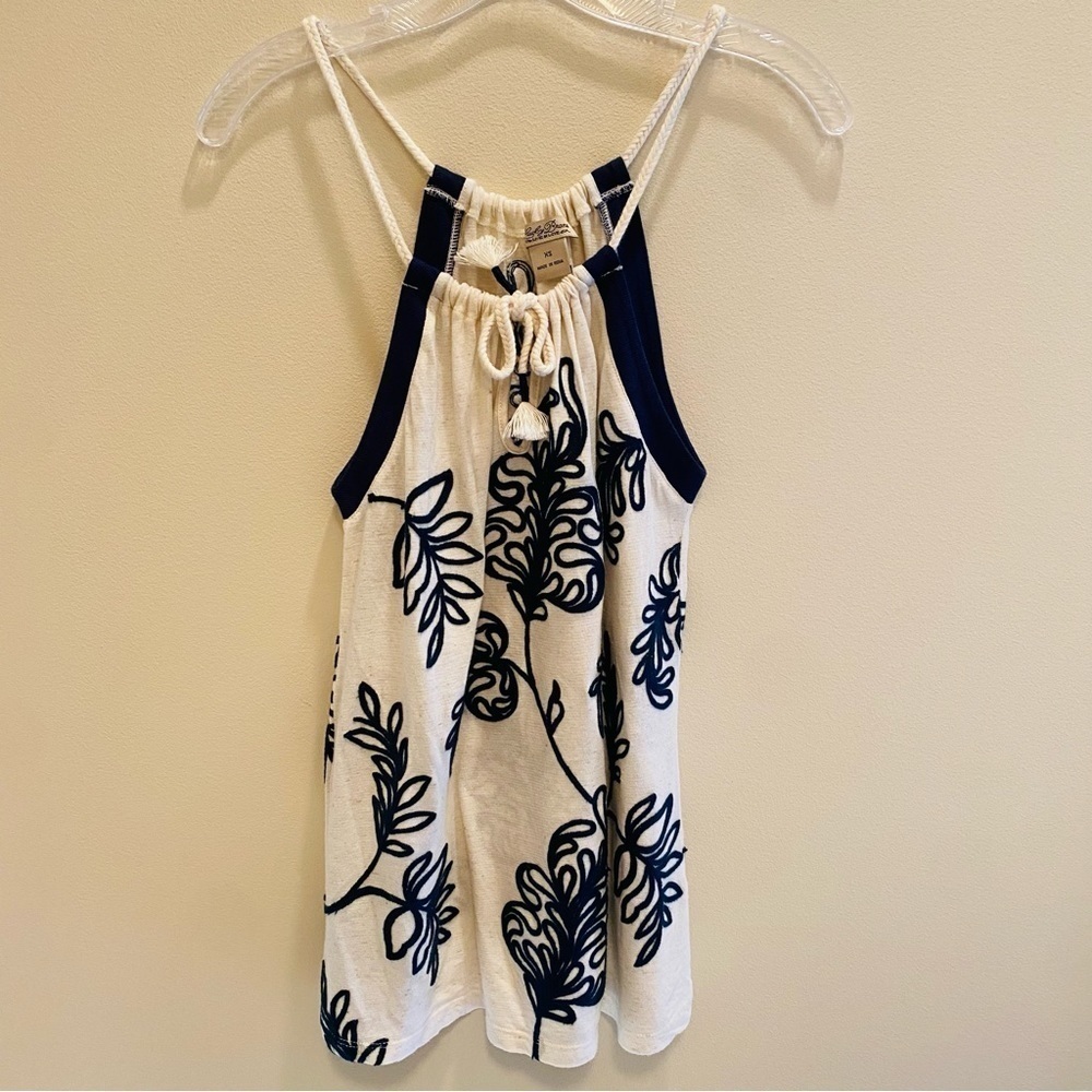 Lucky Brand Live in Love Madeline Embroidered tank blue white XS